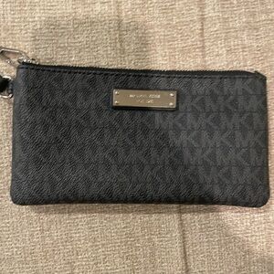 Michael Kors Black MK Print Zip Wristlet with Silver Plaque